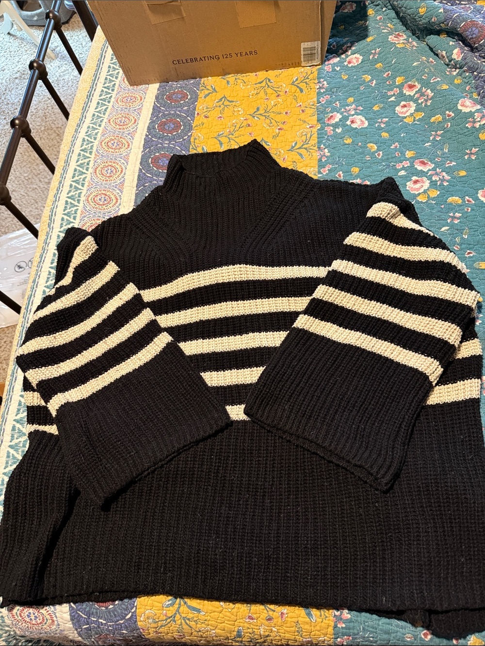 Old Navy Black and Cream Striped Mock Neck Sweater